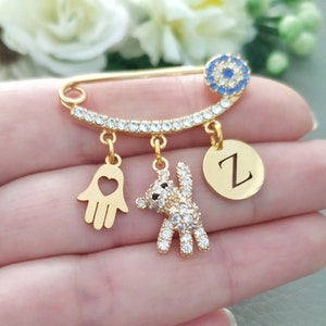Teddy Bear Brooch, Customized Baby Protection Safety Pin, Golden Evil Eye Child Jewelry, Infant New Mom Gift