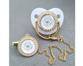 Fancy Eye Pacifier Clip Set, Swarovski New Born Baby Gift Idea, 3-6 months, in Storage Box