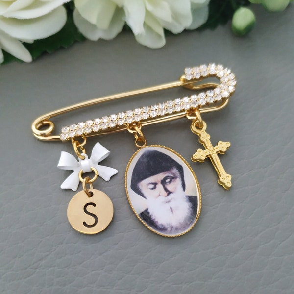 St. Charbel Jewelry, Catholic Baby Gift, Saint Charbel Jewelry, Gold St Charbel Makhlouf Pin Brooch