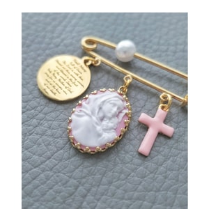 Virgin Mary Pin, Hail Mary Prayer, Baptism Jewelry Gift Boy or Girl, 18 k Gold Plated
