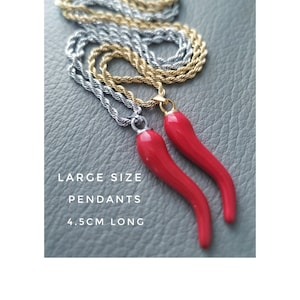Men Cornicello Necklace, Large Red Italian Horn Pendant, 3mm Thick Chain Titanium Steel Italy Men Jewelry