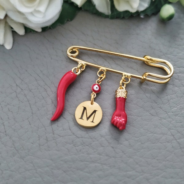 Red Malocchio Safety Pins, 24 K Horns of Plenty Figa Charms, Personalized Jewelry, Portafortuna Gifts Kids Adults
