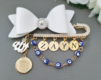Personalized Arabic Baby Name Pin, Evil Eye Muslim Newborn Jewelry