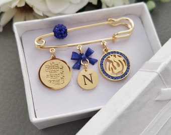 Baby Gift Set for Boy, Personalized Baby Gift Set, Muslim Baby Stroller Pin, Wearable Pin, Gold 4 Qul Allah Diamante Baby Pins