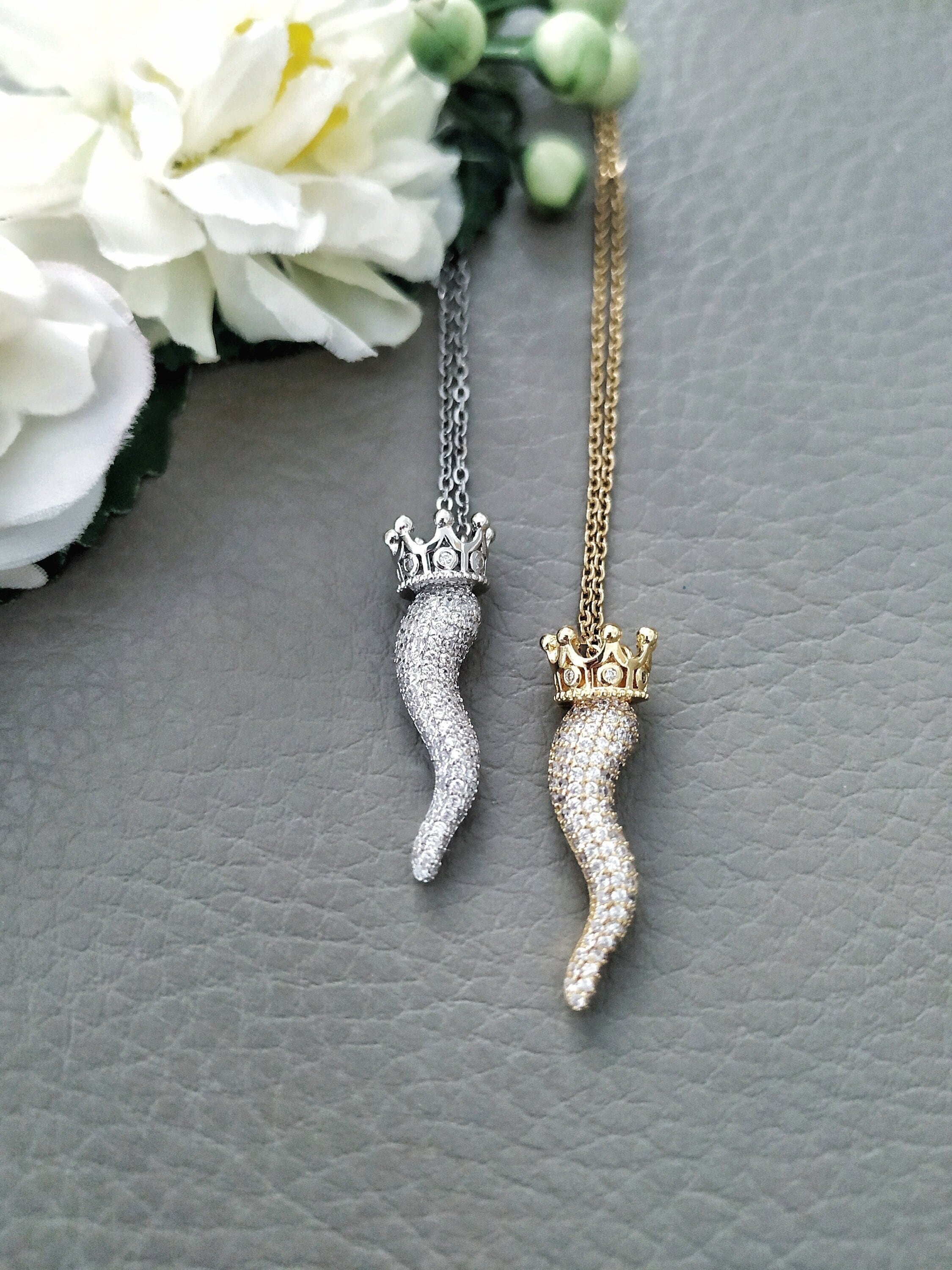 Italian Horn of Plenty Necklace, Cornicello With Crown Pendant