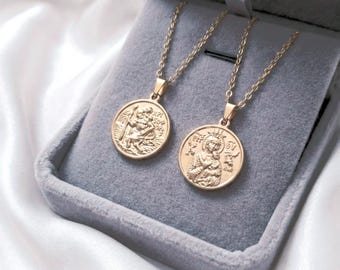 Two Sided Orthodox Icon Necklace, Virgin Mary Panagia Gold Medal