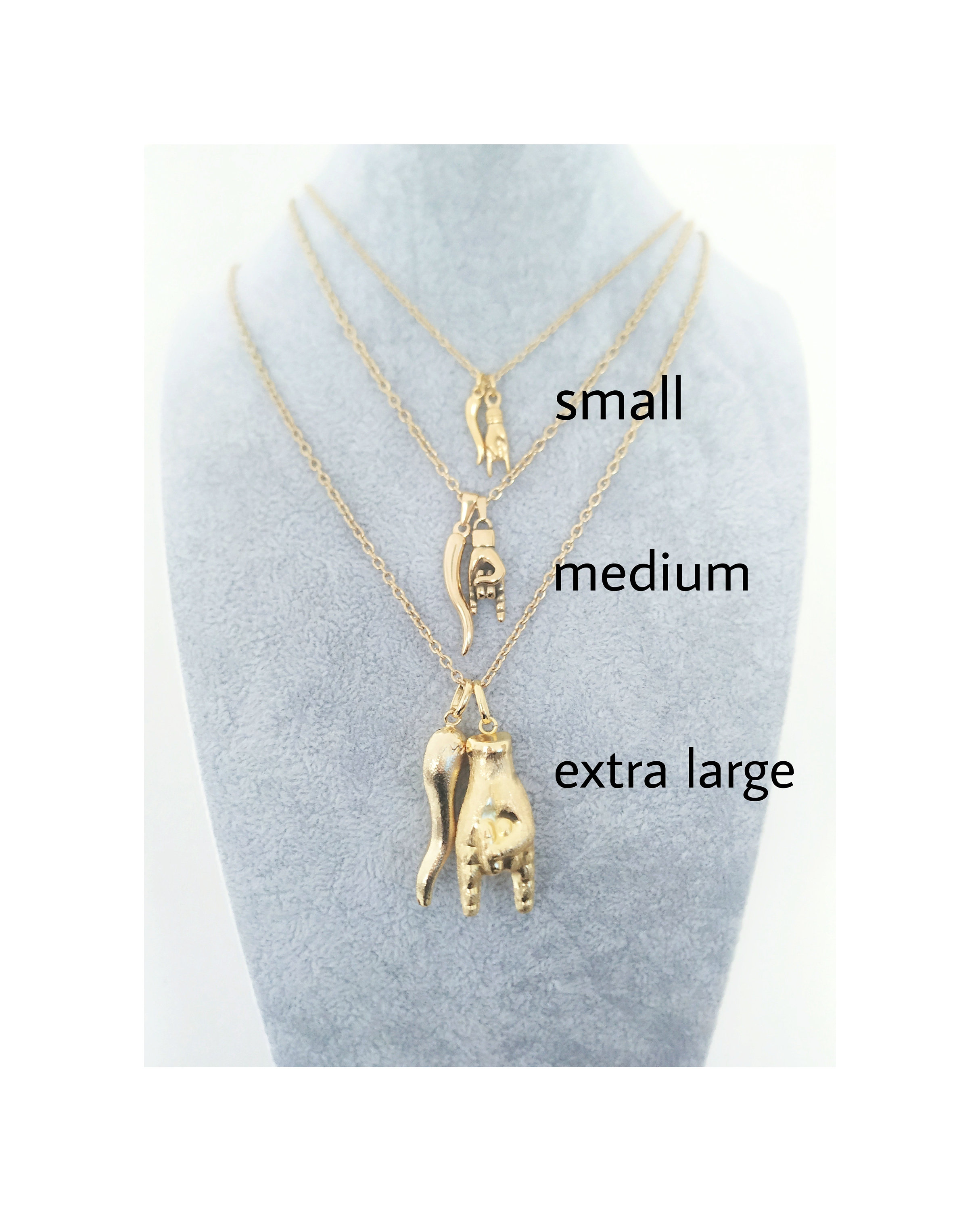 3 Sizes Italian Horn Necklace, Mano Cornuta Cornetto Pendant, 14k