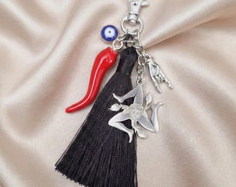Sicily Triquetra Bag Charm, Trinacria & Red Cornicello Keychain