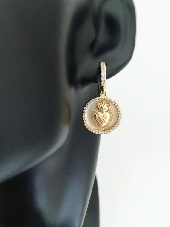 Gold Sacred Heart Hoops, Dainty Catholic Earrings, Mother of Pearl
