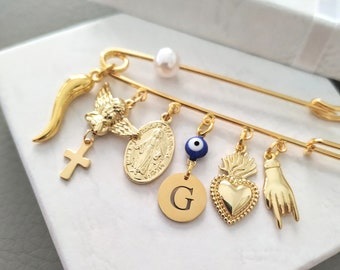 Personalized Baby Pin, Gold Italian Horn Ex Voto, Virgin Mary, Angel Charms, Gender Neutral Stroller Brooch, Italy Horn Cornicello Gift