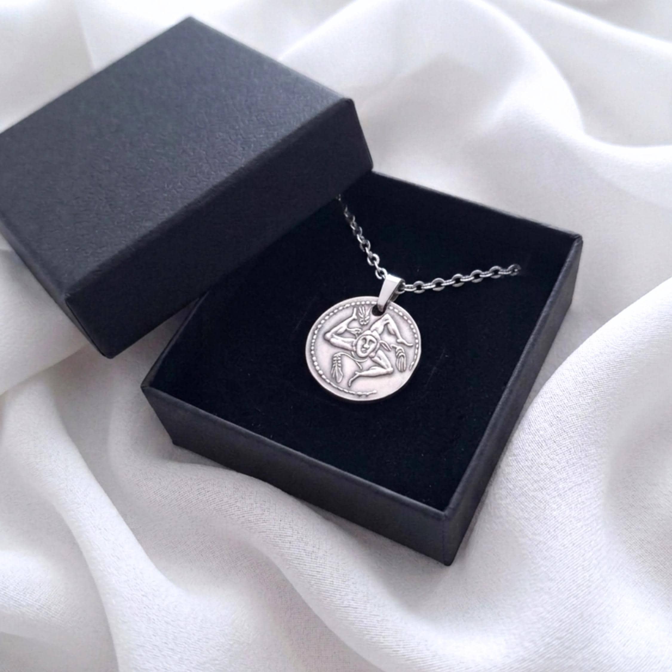 Sicilian Trinacria Necklace, Triskelion Coin Pendant, Silver 