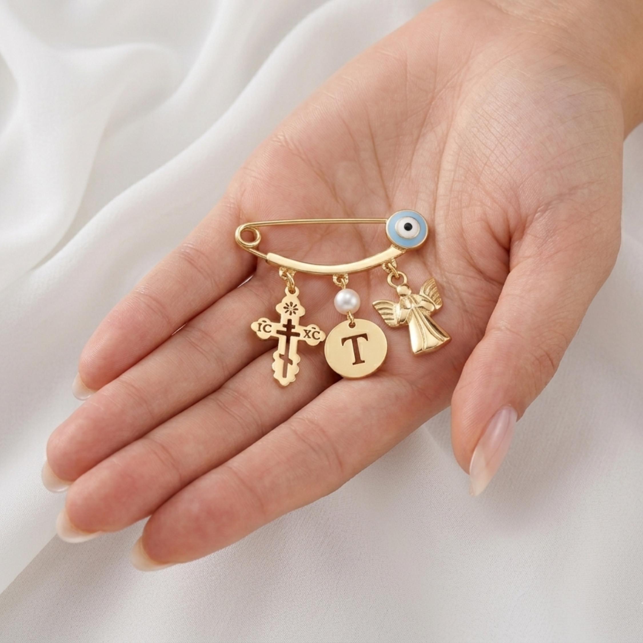 Custom Baptism Baby Pin With Orthodox ICXC Cross, Filakto Evil Eye