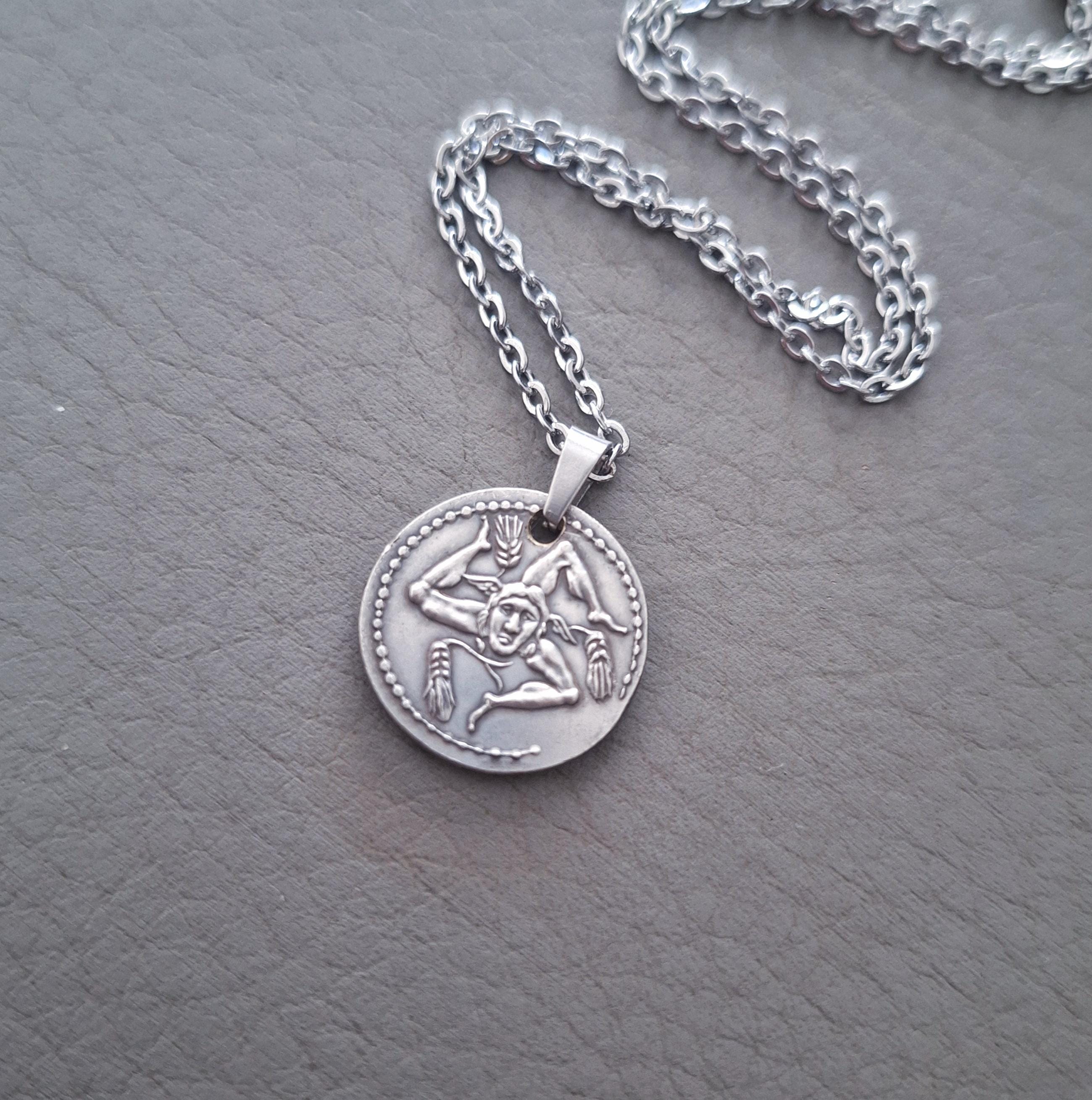 Sicilian Trinacria Necklace, Triskelion Coin Pendant, Silver 