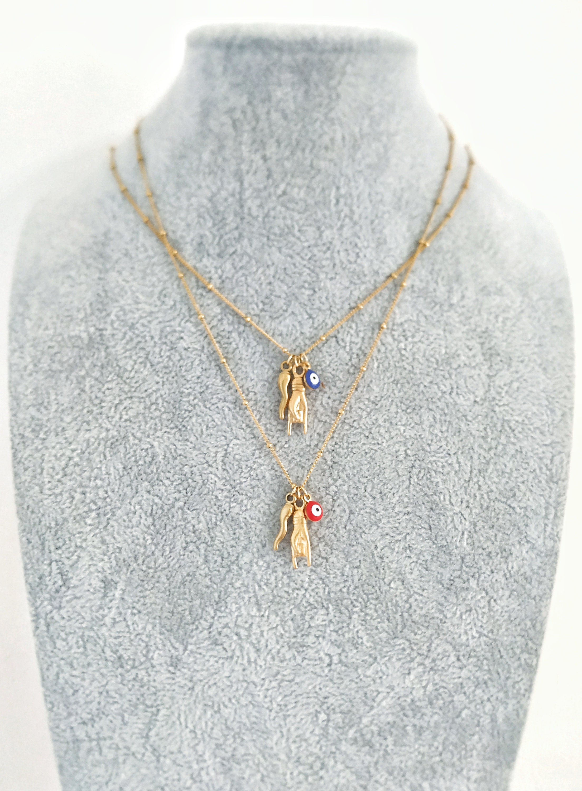 Dainty Italian Horn Eye Hand Necklace Gold Cornicello Charm Etsy