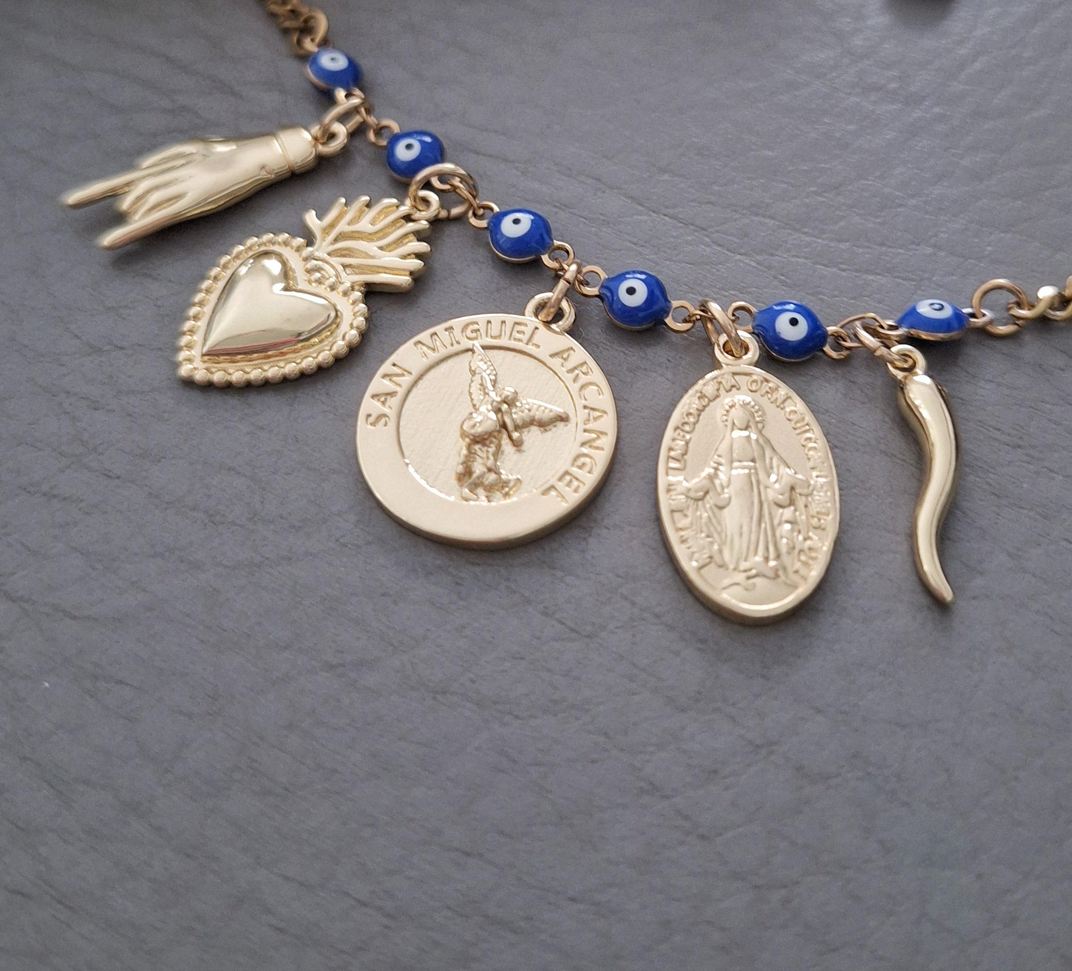 Collana Multistrato Con Ciondolo Croce E Occhio Del Diavolo Turco (malocchio), In Lega Dorata, Per Donna - 3