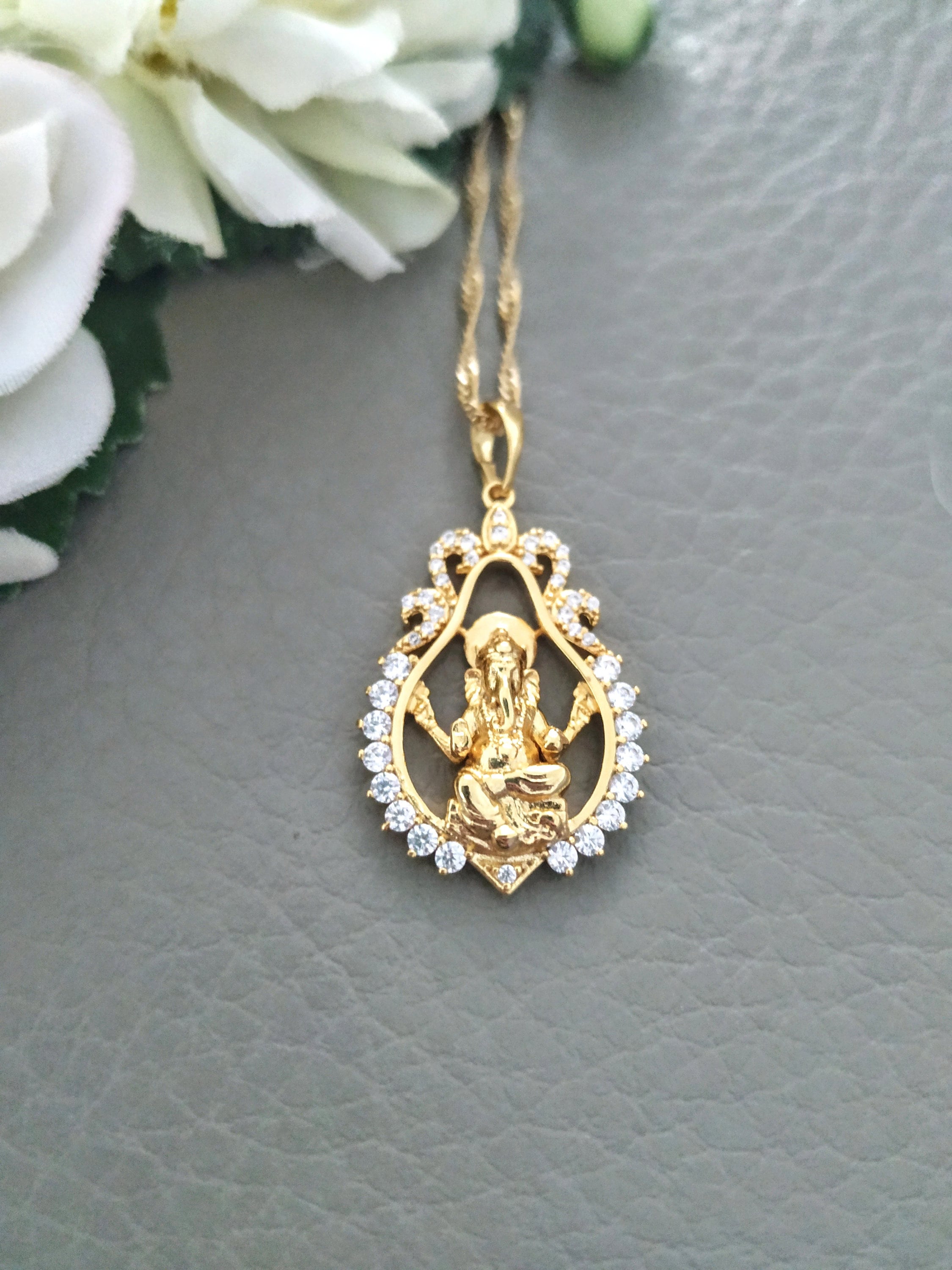 Gold Ganesha Necklace, Hindu God Jewelry, Luxury Ganesha Pendant