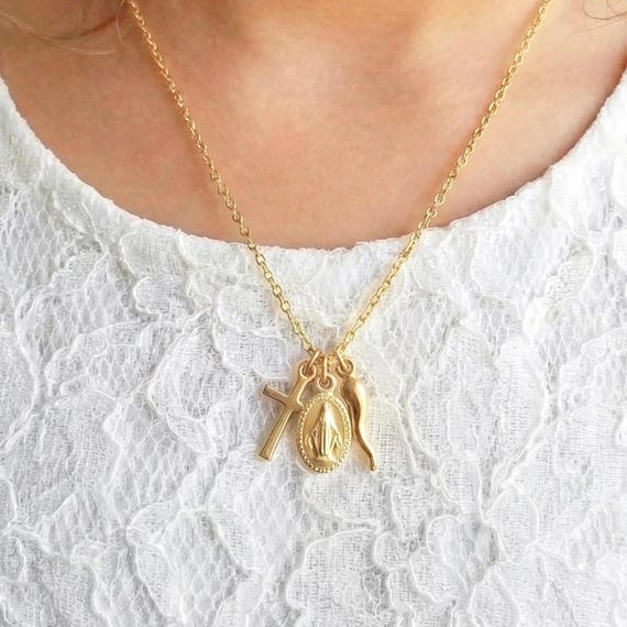 Cross & Italian Horn Toddler Necklace, Small Miraculous Medal