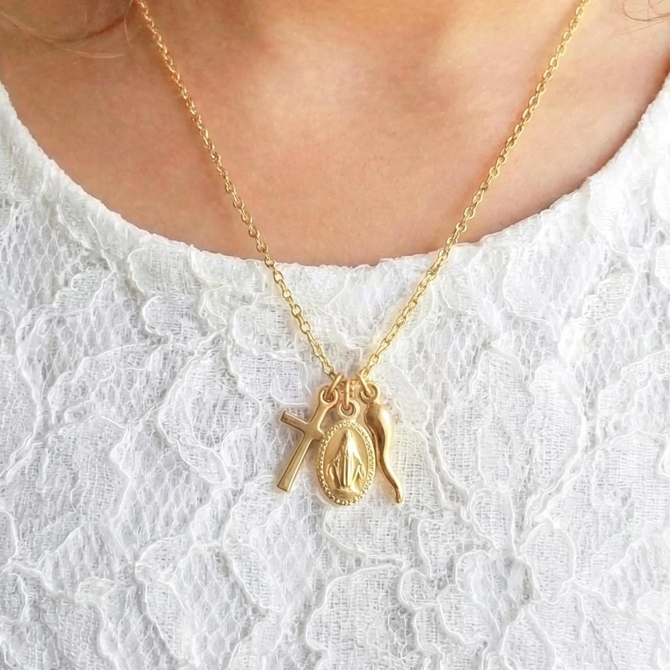 Cross & Italian Horn Toddler Necklace, Small Miraculous Medal