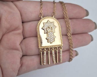 Moroccan Necklace, Ethnic Pendant Gold Filled