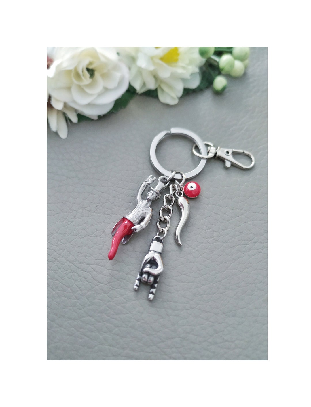 Italian Horn Keychain Silver Hand and Gobbo Charms Good Etsy