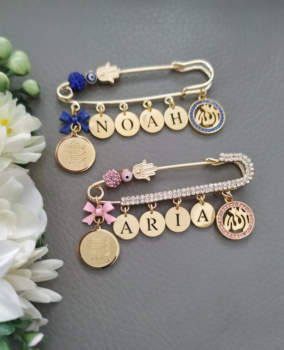 Gold pink Islamic personalized baby pin with bows and Ayat Kursi crystal pin Allah Four Quls