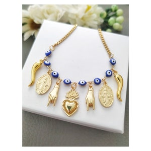 Italian Malocchio Necklace, Cornetti Blue Evil Eye, Italy Horn, Sacred Heart, Mano Cornuto, Corno Girocollo, Portafortuna Scaramanzia