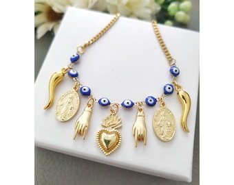 Italian Malocchio Necklace, Cornetti Blue Evil Eye, Italy Horn, Sacred Heart, Mano Cornuto, Corno Girocollo, Portafortuna Scaramanzia