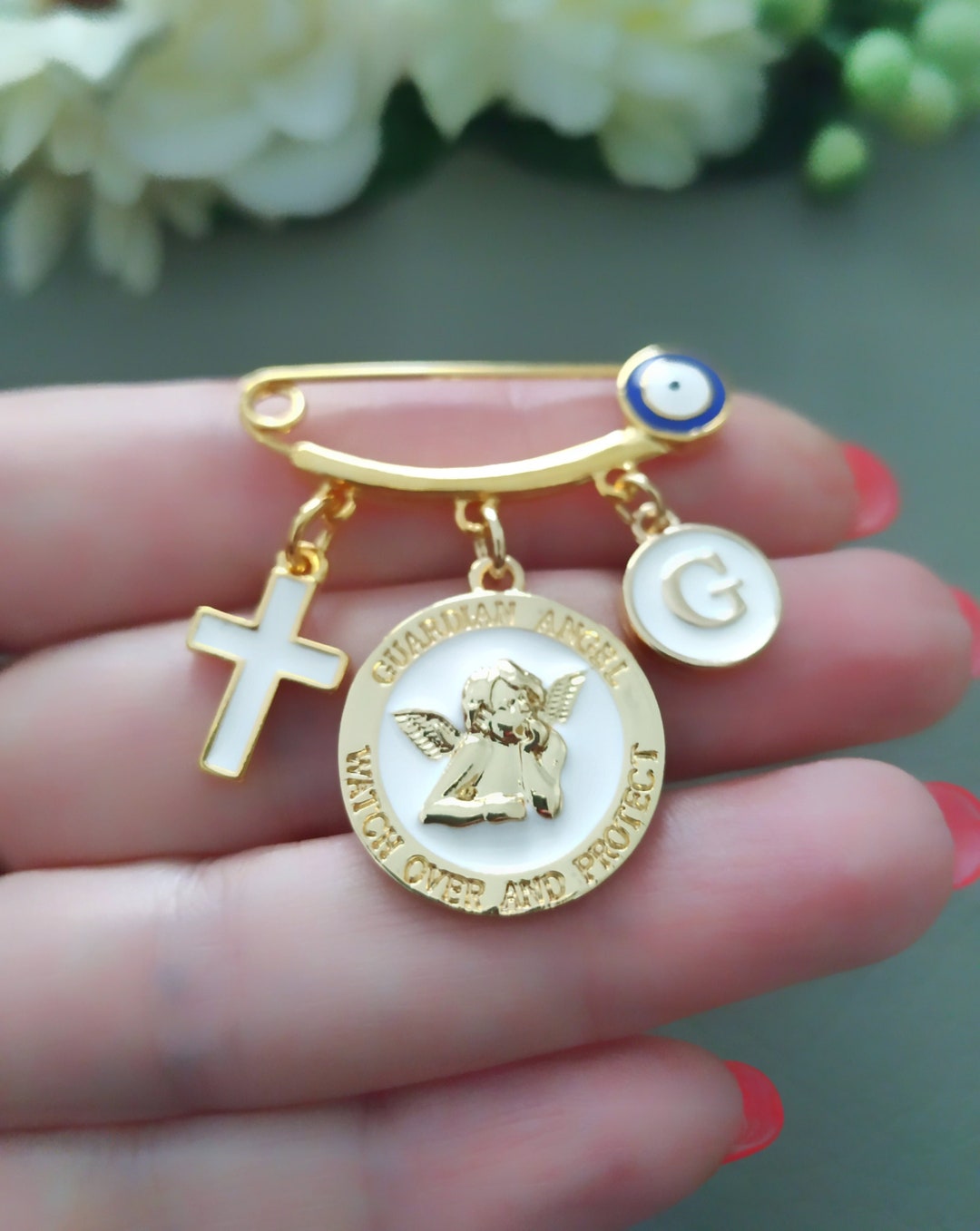 Guardian Angel Crib Medal, Personalized Pin, Baptism Gift Boy or Girl