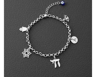 Personligt judiskt armband, 18 karat rostfritt stål, hebreiska chai-hängen, judaiska smycken