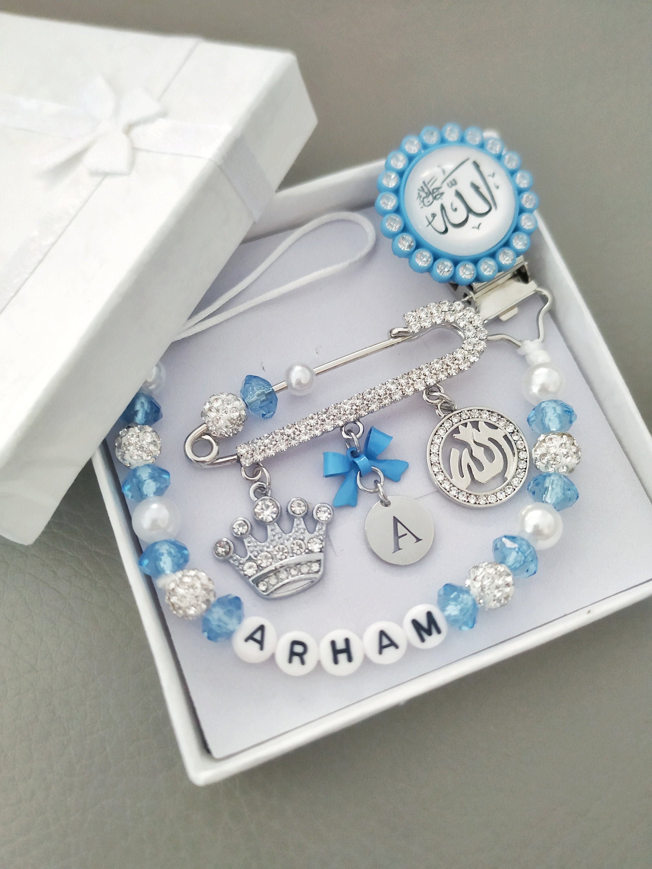 Allah Pacifier Clip and Baby Pin, Custom Set for Muslim Newborn