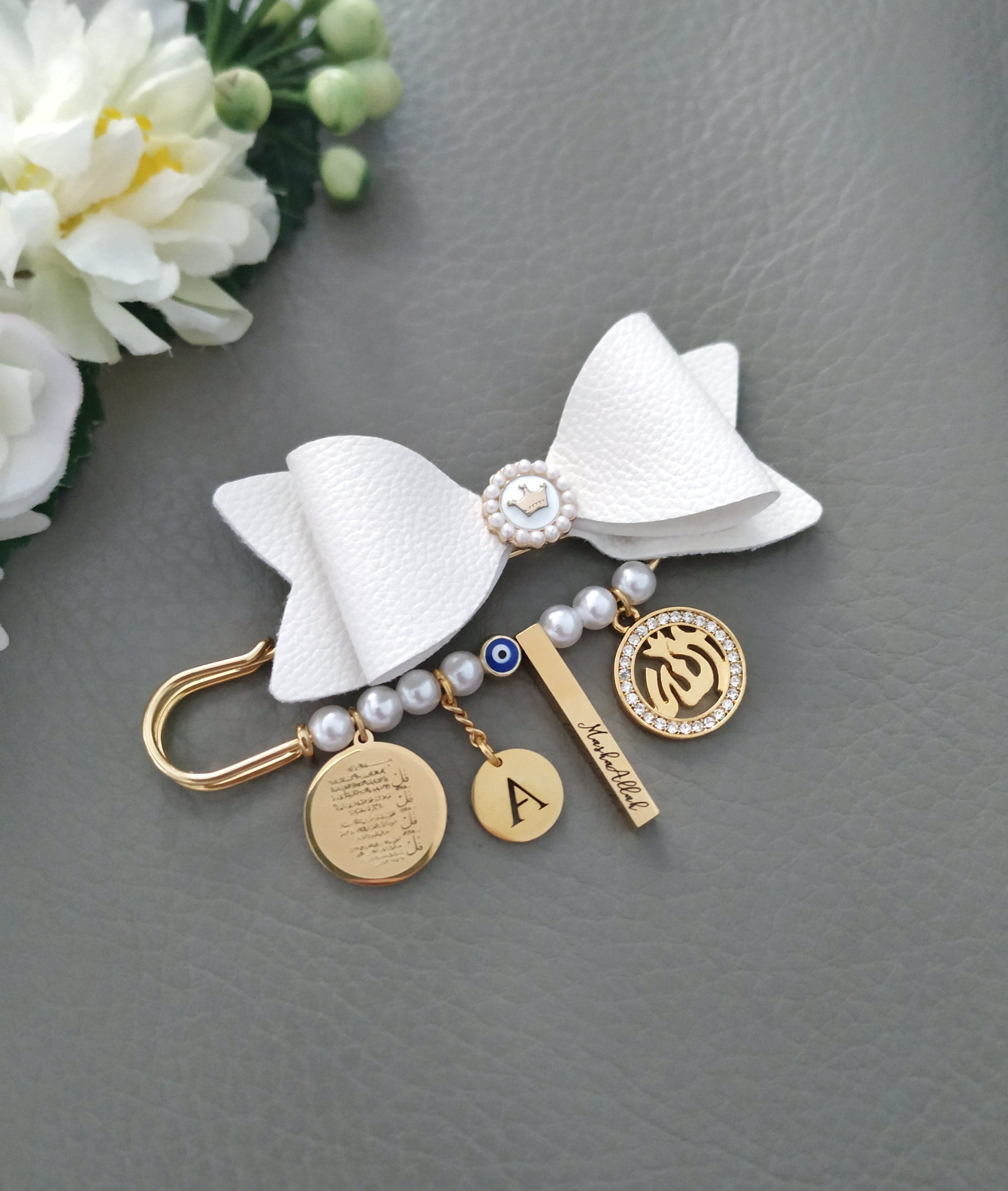 Gold pink Islamic personalized baby pin with bows and Ayat Kursi crystal pin Allah Four Quls