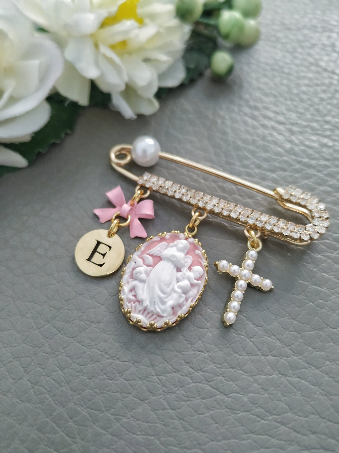 Custom Baptism Pin, Guardian Angel & Pearl Cross Protection Brooch - Etsy