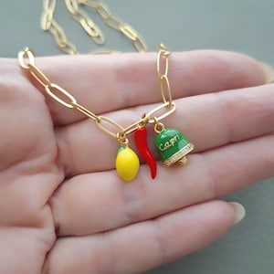Corno Italian Gold Horn Necklace, Lemons Capri Bell Charms