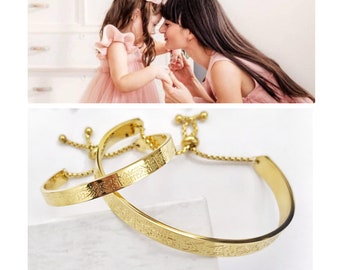 Islamic Kids Gift, Ayatul Kursi Surah Bracelet, Arabic Calligraphy Bangle, Muslim Women Jewelry in 18k Gold Stainless Steel