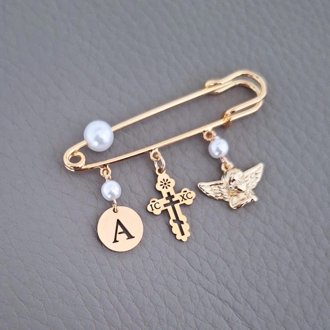 Custom Baptism Baby Pin With Eastern Orthodox Cross & Angel Charms - Etsy