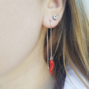 Red Luvky Chili Earrings, 925 Italian Horn Cirnicello Dangles