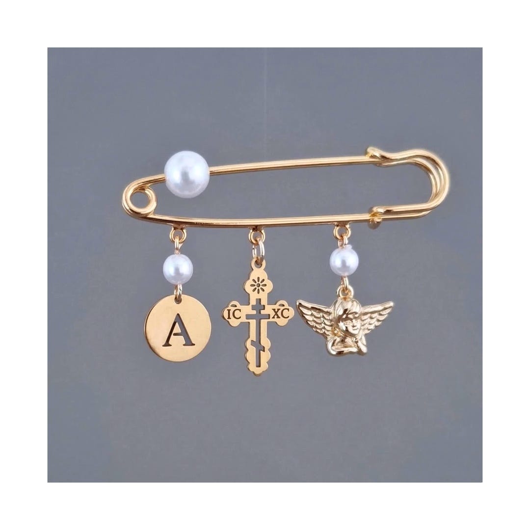 Personalized Baptism Pin With Tree Bar Orthodox Cross & Angel Charms - Etsy