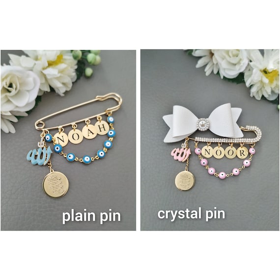 Personalized 4 Qul Ayatul Kursi Allah Pink Blue Diamante Baby Pin