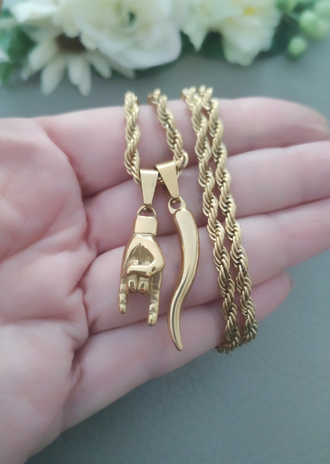 Italian Horn Necklace Men Gold Hand Charm Mano Cornuto Etsy