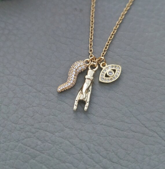Dainty Italy Horn Necklace Italian Hand Pendant Iced Out Etsy