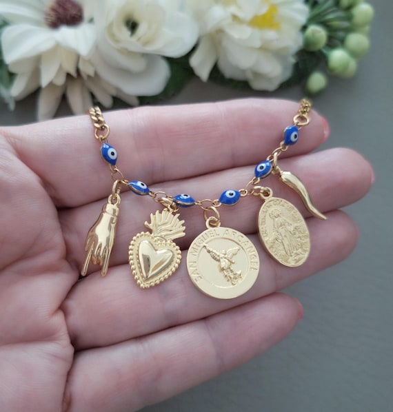 Italian Malocchio Necklace, Cornetti Blue Evil Eye, Italy Horn