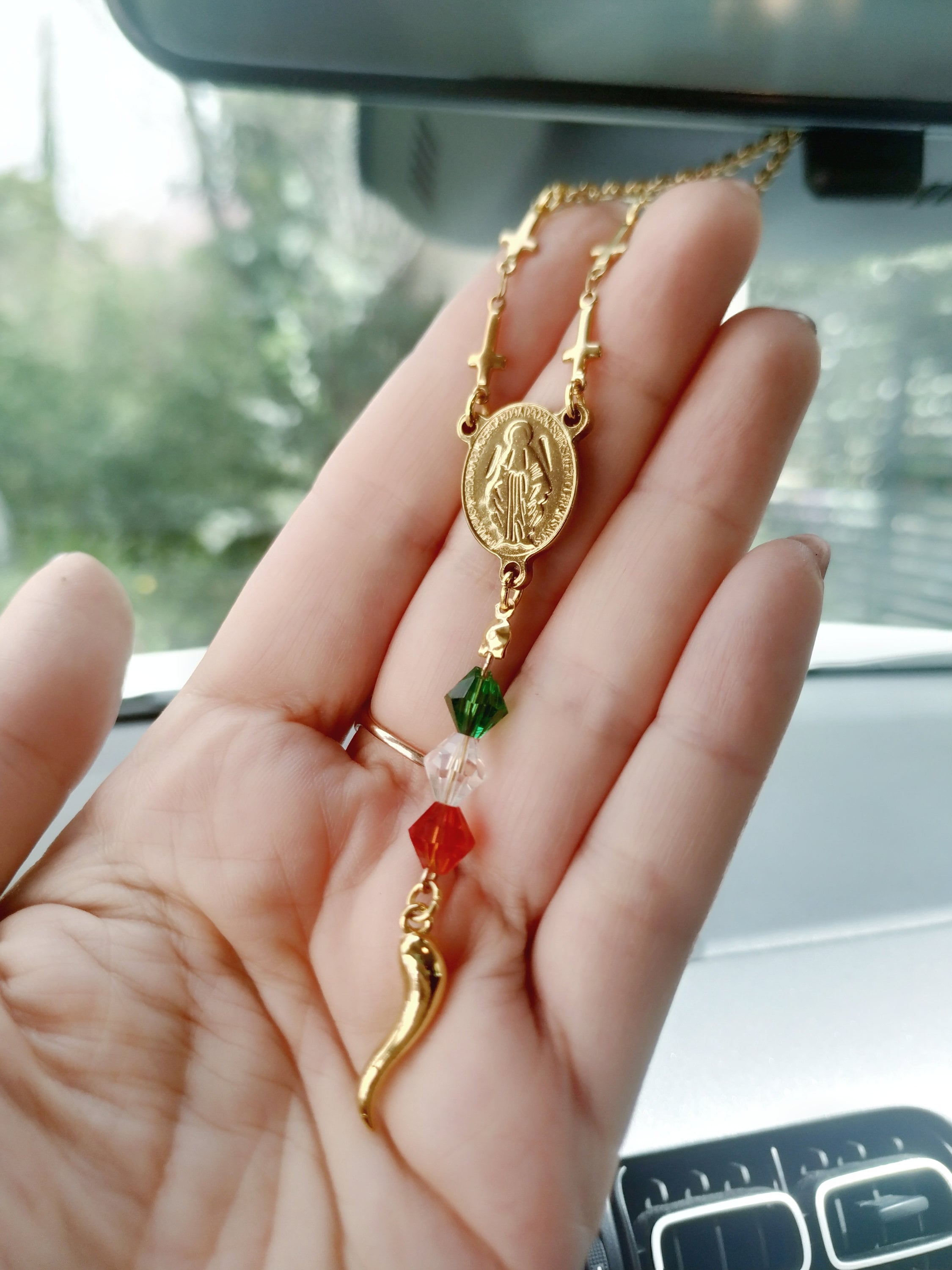 Italian Horn Car Rosary Virgin Mary Cross Charms Lucky Etsy