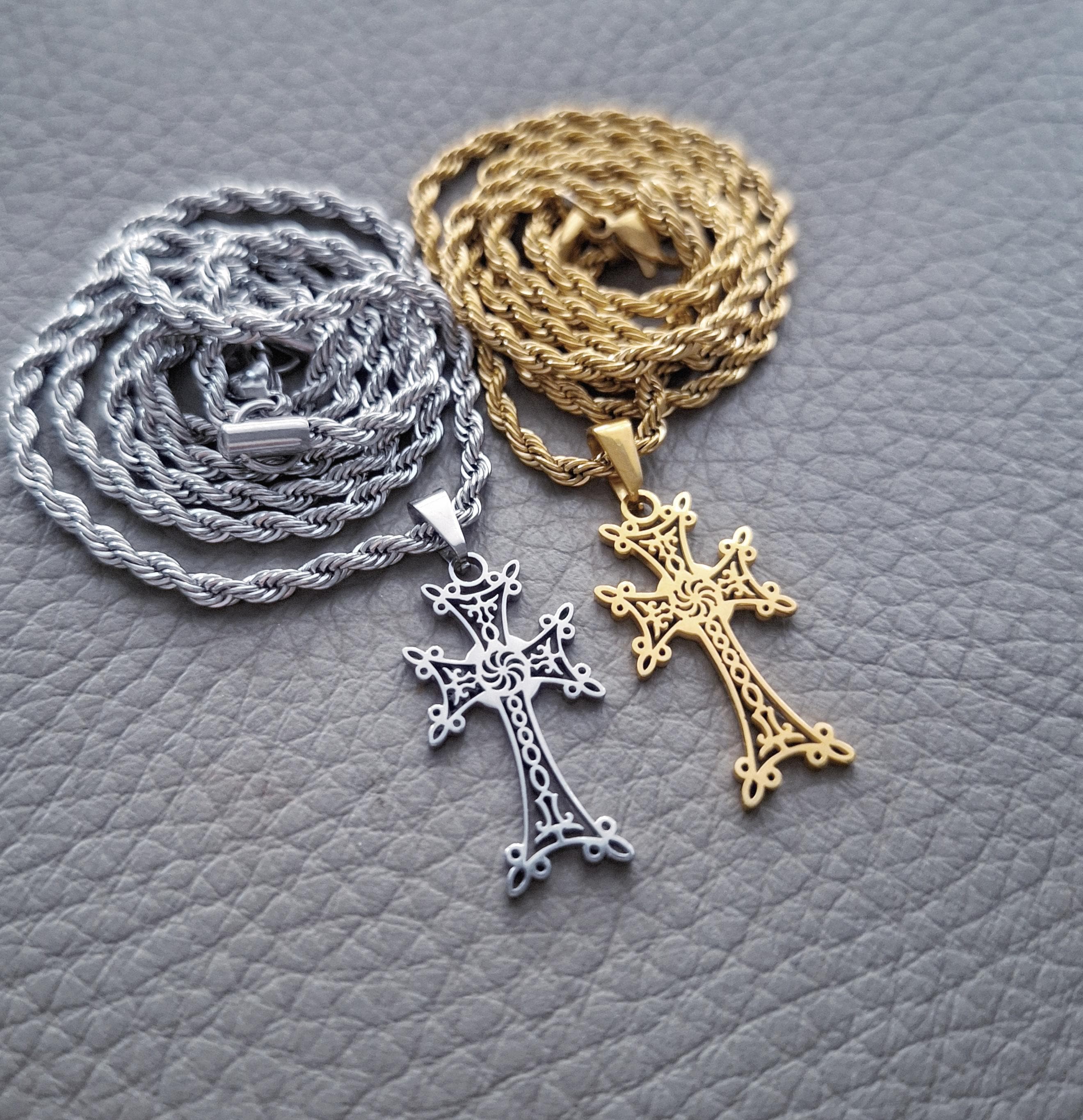 Armenian Crosses Necklace, Khachkar Pendant, 3 Mm Rope Chain