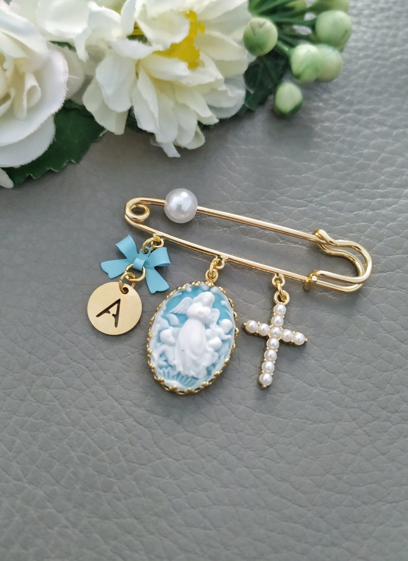 Custom Baptism Pin, Guardian Angel & Pearl Cross Protection Brooch - Etsy