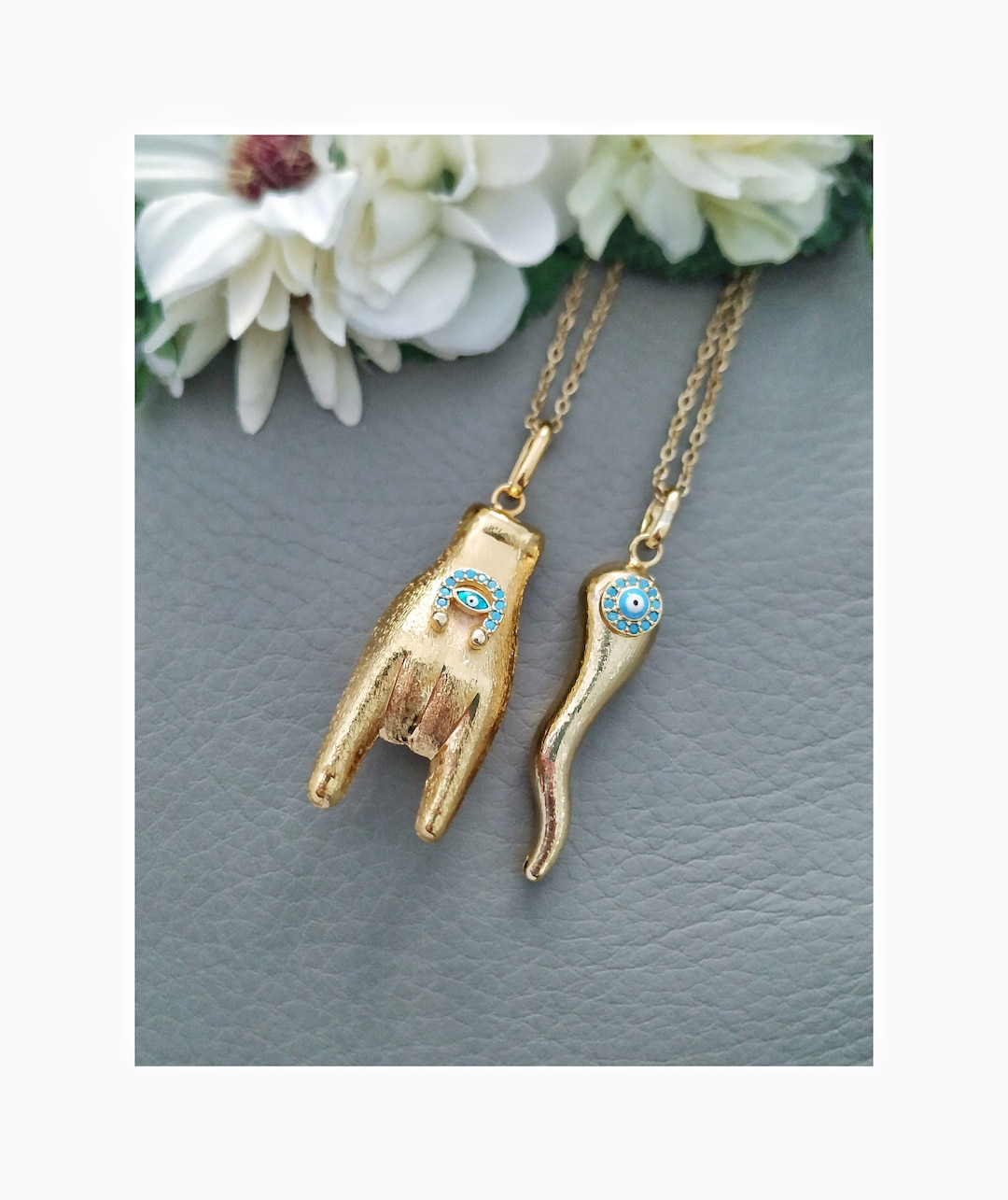 Italian Evil Eye Necklace, Large Sized Horn or Hand, Mano Cornuto Cornicello Pendants, 14k Gold