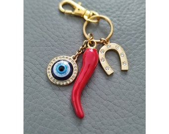 Italian Red Cornicello Keychain, Malocchio Evil Eye Amulet Bag Charm