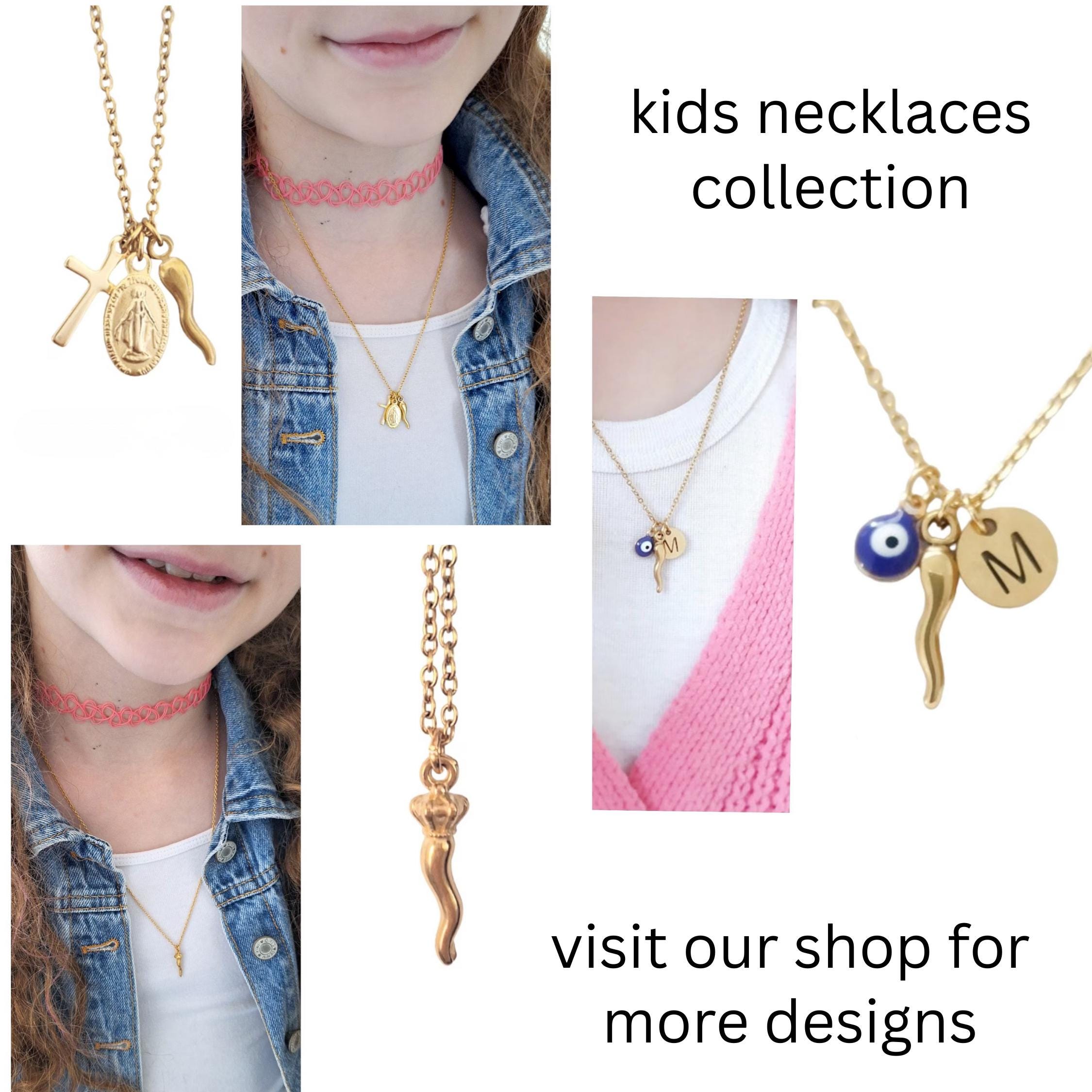 Cross & Italian Horn Toddler Necklace, Small Miraculous Medal
