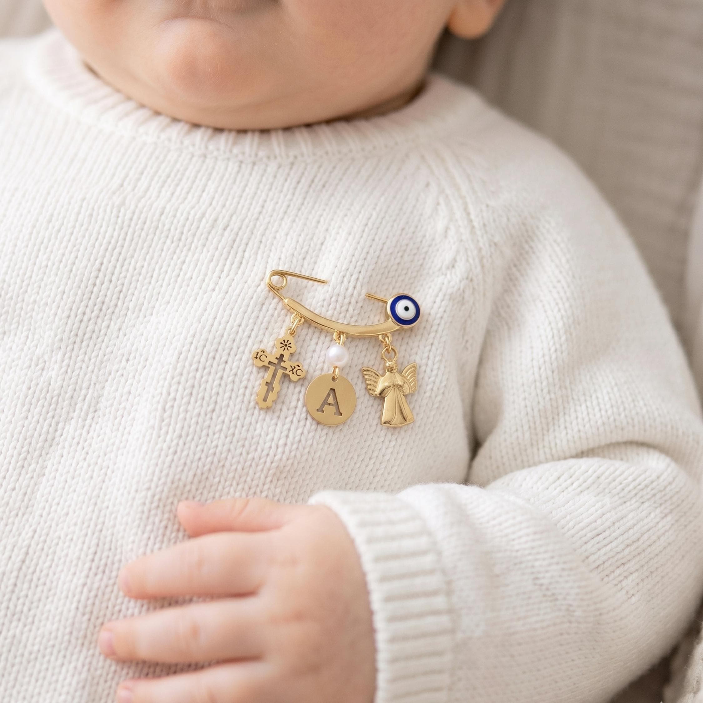 Custom Baptism Baby Pin With Orthodox ICXC Cross, Filakto Evil Eye ...