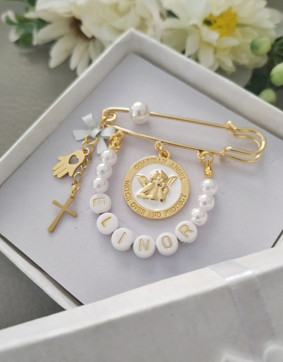 Custom Safety Pin With Guardian Angel Newborn Name Gift Etsy