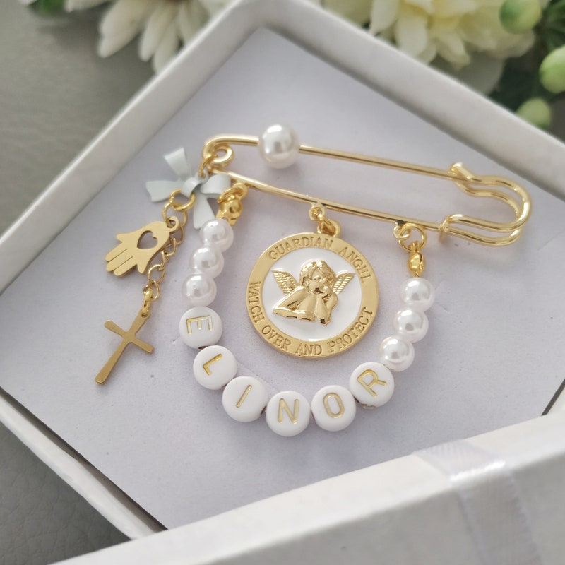 Custom Safety Pin with Guardian Angel, Newborn Name Gift